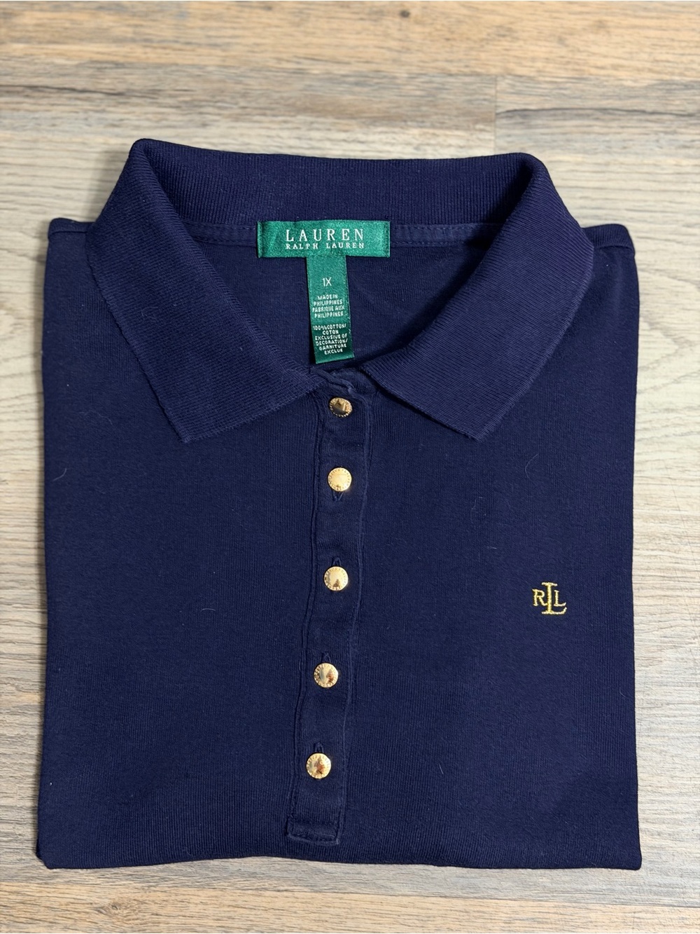 Lauren Ralph Lauren Navy Polo with Gold-Tone Buttons and Embroidered RLL